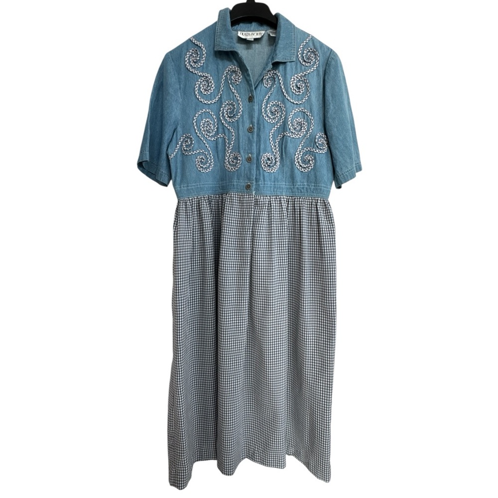 Plaza South Vintage Denim Maxi Dress Embroidered Denim Checkered Short Sleeve 10